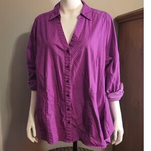 Lane Bryant Womens Plus 26 Purple Polka Dot Button Down Shirt Roll Tab Blouse